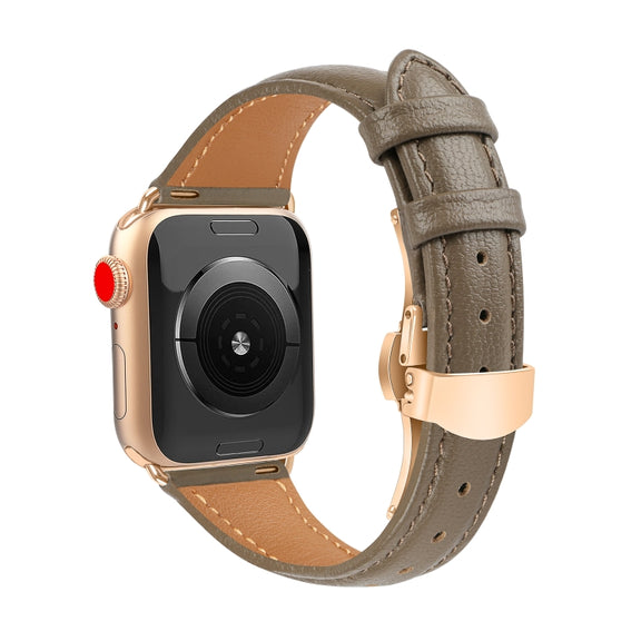 For Apple Watch Series 3 42mm Plain Leather Butterfly Buckle Watch Band(Gray+Rose Gold)
