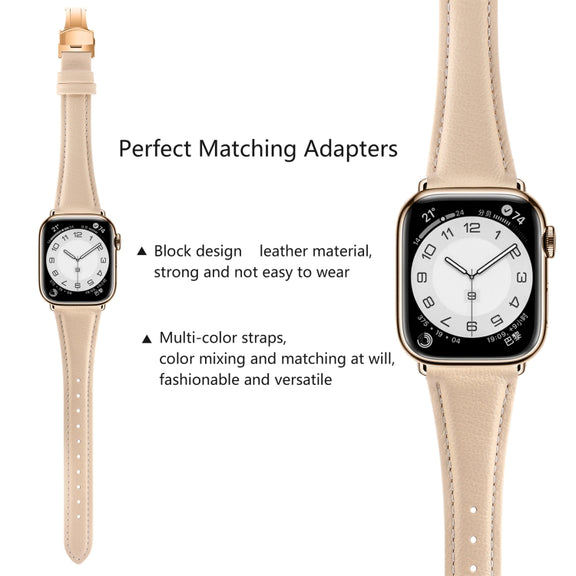 For Apple Watch Series 3 42mm Plain Leather Butterfly Buckle Watch Band(Apricot+Rose Gold)