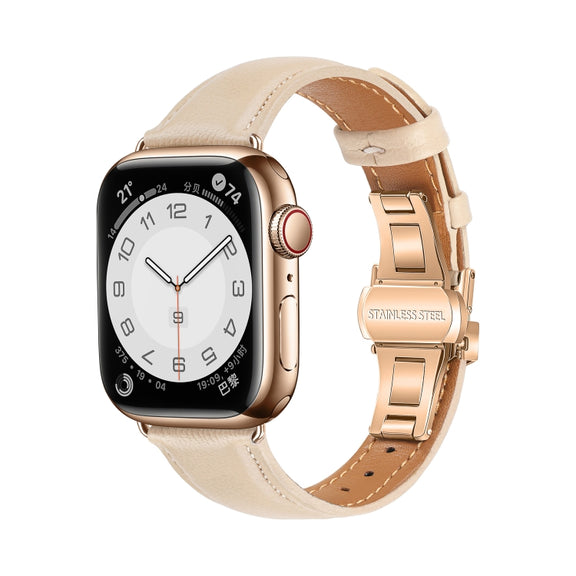 For Apple Watch Series 3 42mm Plain Leather Butterfly Buckle Watch Band(Apricot+Rose Gold)