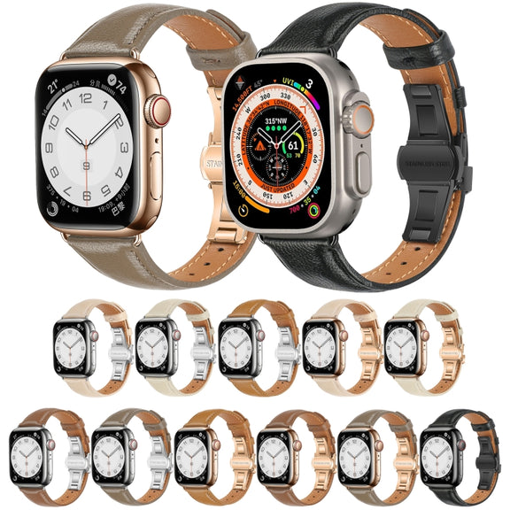 For Apple Watch Series 8 45mm Plain Leather Butterfly Buckle Watch Band(Dark Brown+Rose Gold)