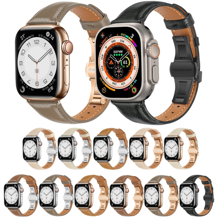 For Apple Watch Series 8 45mm Plain Leather Butterfly Buckle Watch Band(Dark Brown+Rose Gold)