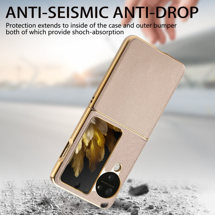 For OPPO Find N3 Flip Litchi Leather Electroplating Shockproof Phone Case(Khaki) - Find N3 Flip Cases by PMC TechLife | Online Shopping South Africa | PMC TechLife | Buy Now Pay Later Mobicred