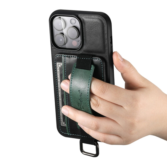 For iPhone 15 Pro Max Suteni H13 Card Wallet Wrist Strap Holder PU Phone Case(Black)