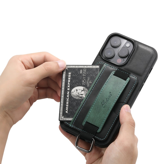 For iPhone 15 Pro Max Suteni H13 Card Wallet Wrist Strap Holder PU Phone Case(Black)