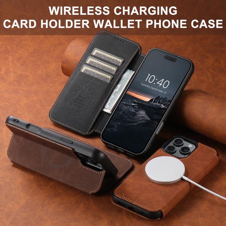 For iPhone 15 Plus Suteni J06 Retro Matte Litchi Texture Leather MagSafe Phone Case(Black)