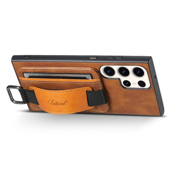 For Samsung Galaxy S24 Ultra 5G Suteni H13 Card Wallet Wrist Strap Holder PU Phone Case(Brown)