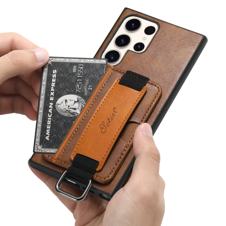 For Samsung Galaxy S24 Ultra 5G Suteni H13 Card Wallet Wrist Strap Holder PU Phone Case(Brown)