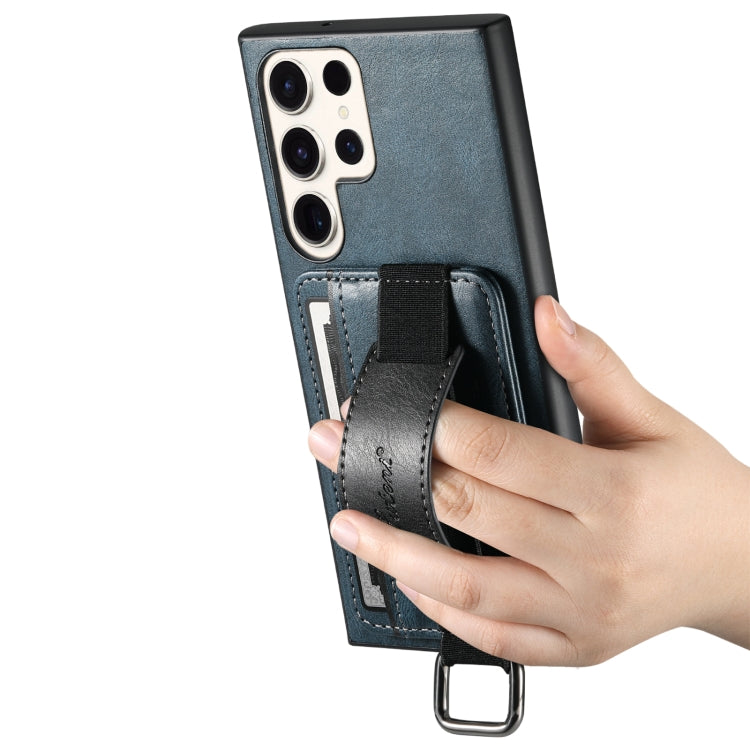For Samsung Galaxy S24 Ultra 5G Suteni H13 Card Wallet Wrist Strap Holder PU Phone Case(Blue)