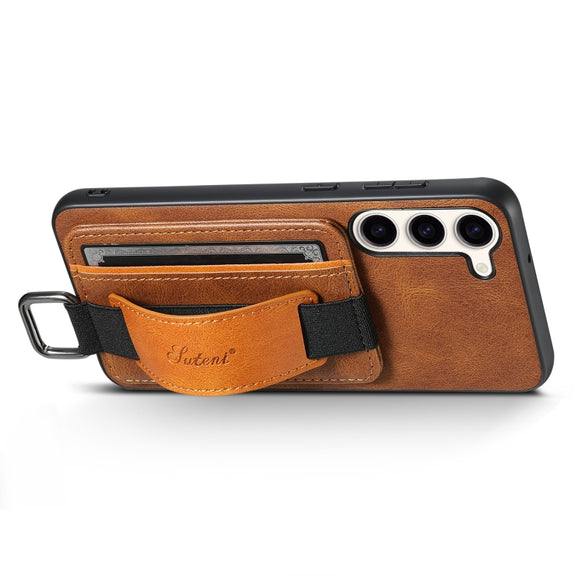 For Samsung Galaxy S24  5G Suteni H13 Card Wallet Wrist Strap Holder PU Phone Case(Brown)