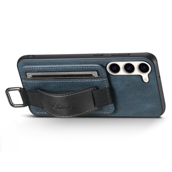For Samsung Galaxy S24  5G Suteni H13 Card Wallet Wrist Strap Holder PU Phone Case(Blue)
