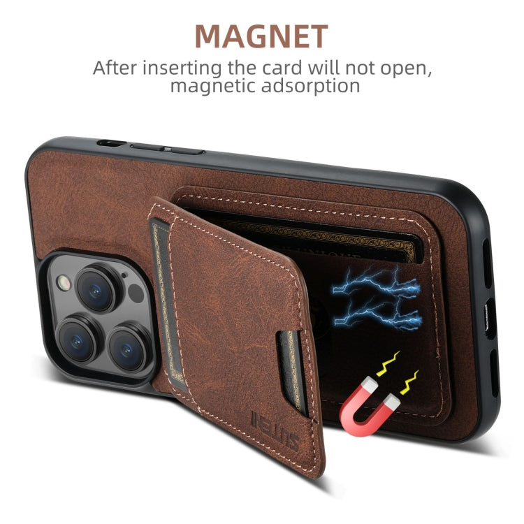 For iPhone 16 Pro Suteni H02 Litchi Leather Card Wallet Stand Back Phone Case(Brown)
