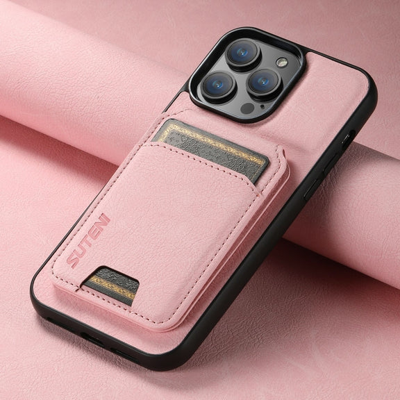 For iPhone 16 Plus Suteni H02 Litchi Leather Card Wallet Stand Back Phone Case(Pink)