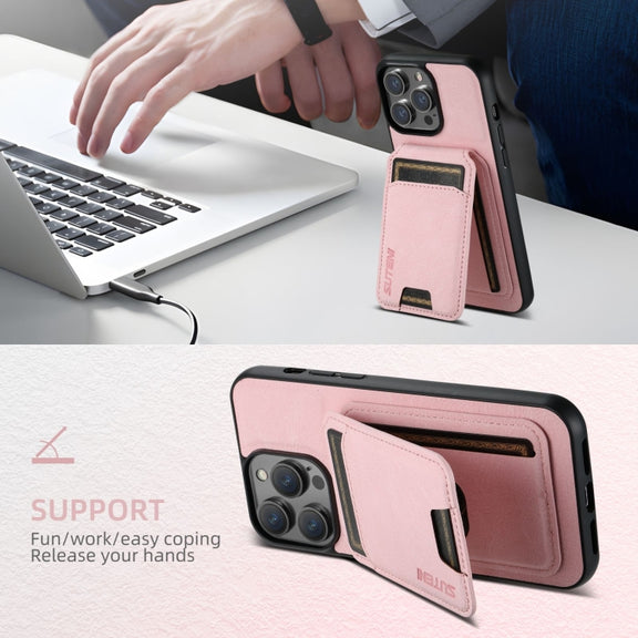 For iPhone 16 Plus Suteni H02 Litchi Leather Card Wallet Stand Back Phone Case(Pink)