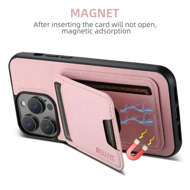 For iPhone 16 Plus Suteni H02 Litchi Leather Card Wallet Stand Back Phone Case(Pink)