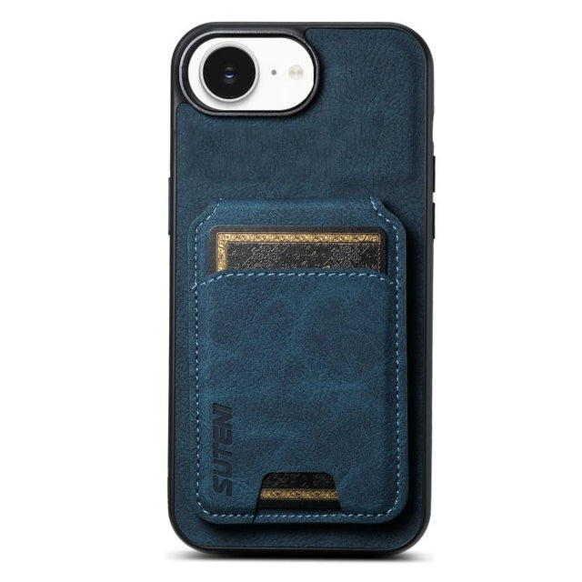 For iPhone 16e Suteni H02 Litchi Leather Card Wallet Stand Back Phone Case(Blue)