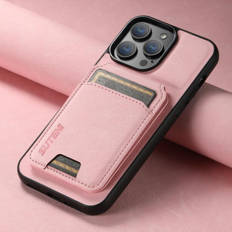 For iPhone 16e Suteni H02 Litchi Leather Card Wallet Stand Back Phone Case(Pink)