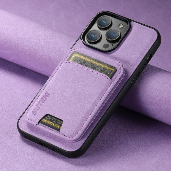 For iPhone 16e Suteni H02 Litchi Leather Card Wallet Stand Back Phone Case(Purple)