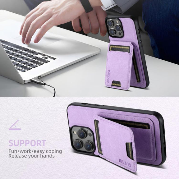 For iPhone 16e Suteni H02 Litchi Leather Card Wallet Stand Back Phone Case(Purple)