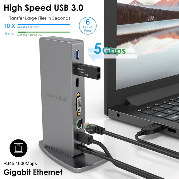 WAVLINK WL-UG39DK7 USB3.0 Hub Adapter Multi-Screen Graphics Card Universal Docking Station, Plug:UK Plug