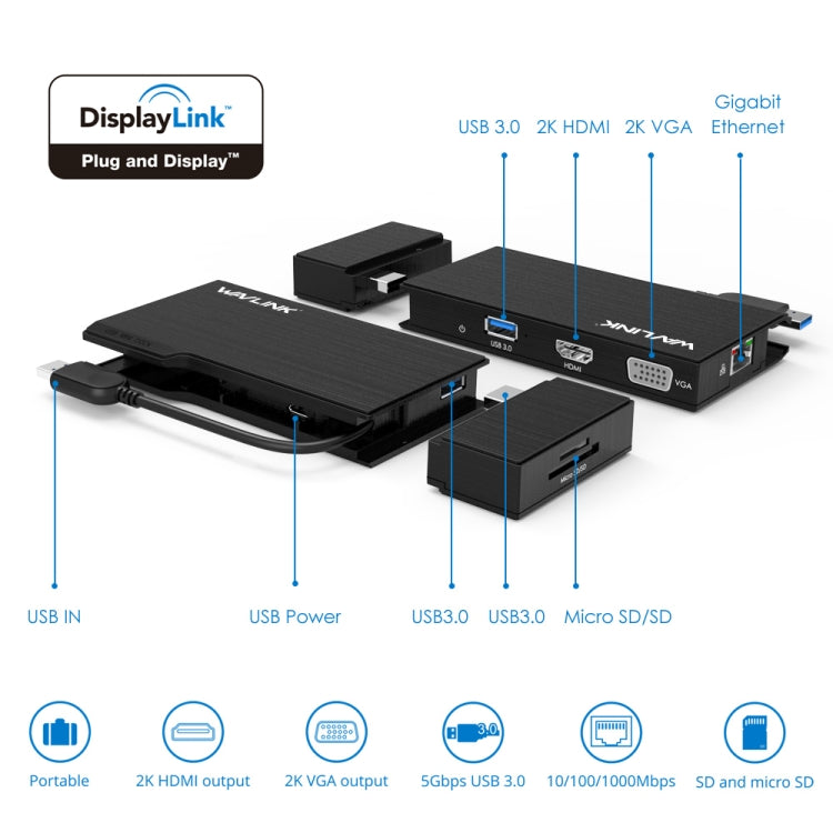 WAVLINK WL-UG39DH2 USB3.0 to HD / VGA / Gigabit Ethernet Splitter Adapter - free shipping - PMC Jewellery - Order now!