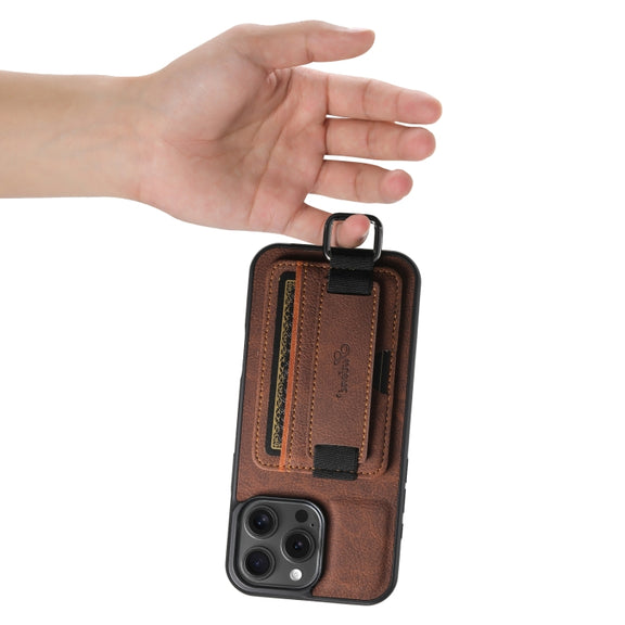 For iPhone 16 Pro Max Suteni H13 Litchi Leather Wrist Strap Wallet Back Phone Case(Brown)