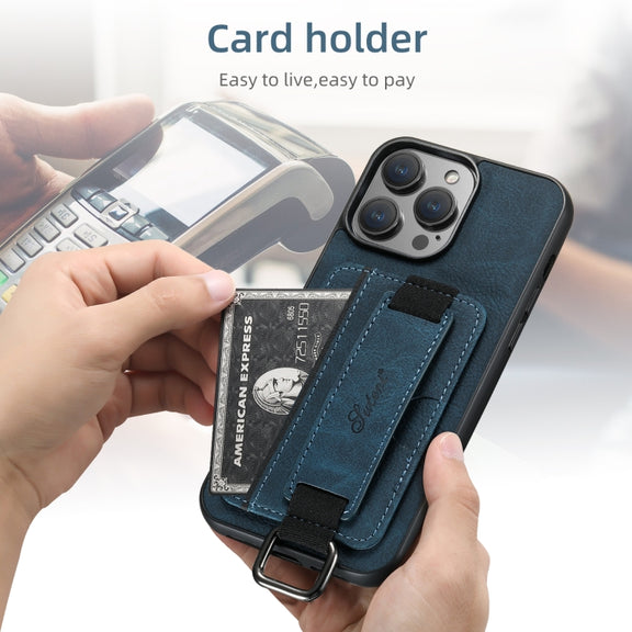 For iPhone 16 Pro Max Suteni H13 Litchi Leather Wrist Strap Wallet Back Phone Case(Blue)
