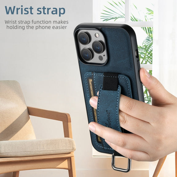 For iPhone 16 Pro Max Suteni H13 Litchi Leather Wrist Strap Wallet Back Phone Case(Blue)