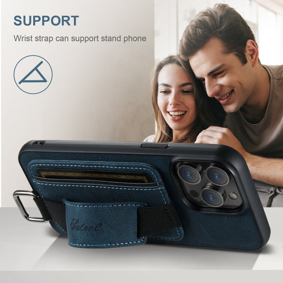 For iPhone 16 Pro Max Suteni H13 Litchi Leather Wrist Strap Wallet Back Phone Case(Blue)