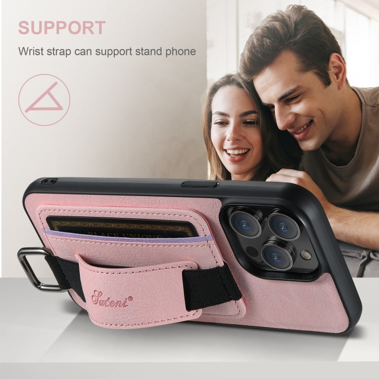 For iPhone 16 Pro Max Suteni H13 Litchi Leather Wrist Strap Wallet Back Phone Case(Pink)