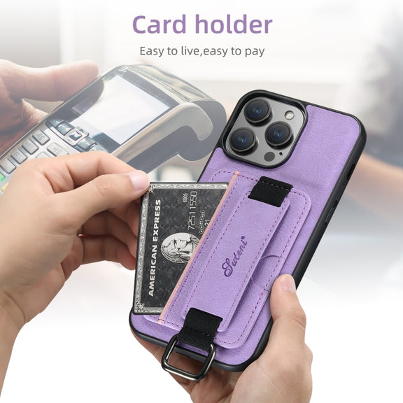 For iPhone 16 Pro Max Suteni H13 Litchi Leather Wrist Strap Wallet Back Phone Case(Purple)