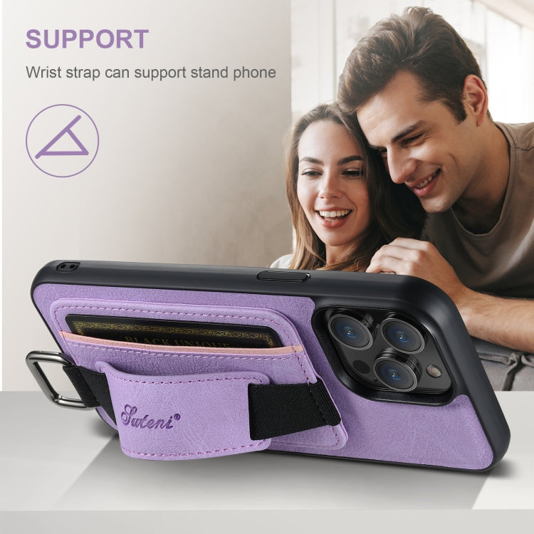 For iPhone 16 Pro Suteni H13 Litchi Leather Wrist Strap Wallet Back Phone Case(Purple)