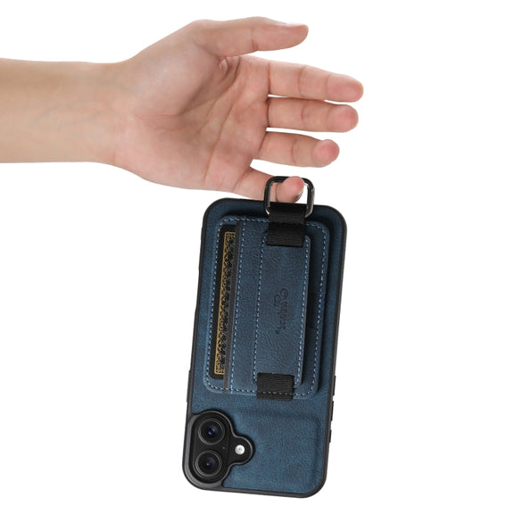 For iPhone 16 Suteni H13 Litchi Leather Wrist Strap Wallet Back Phone Case(Blue)