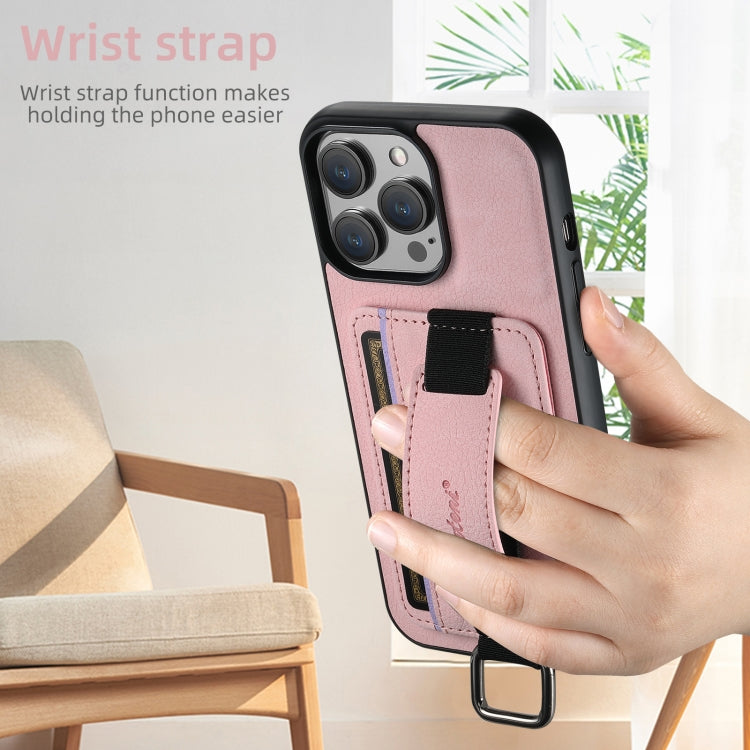 For iPhone 16 Suteni H13 Litchi Leather Wrist Strap Wallet Back Phone Case(Pink)