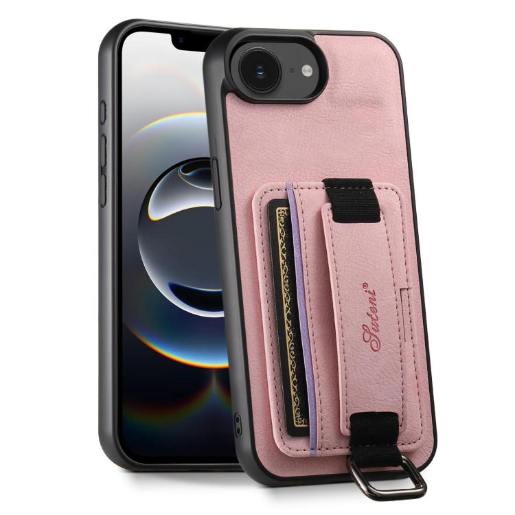 For iPhone 16e Suteni H13 Litchi Leather Wrist Strap Wallet Back Phone Case(Pink) - iPhone 16e Cases by Suteni | Online Shopping South Africa | PMC TechLife | Buy Now Pay Later Mobicred