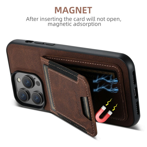 For iPhone 16 Suteni H03 Litchi Leather Card Bag Stand Back Phone Case(Brown)