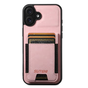 For iPhone 16 Suteni H03 Litchi Leather Card Bag Stand Back Phone Case(Pink)