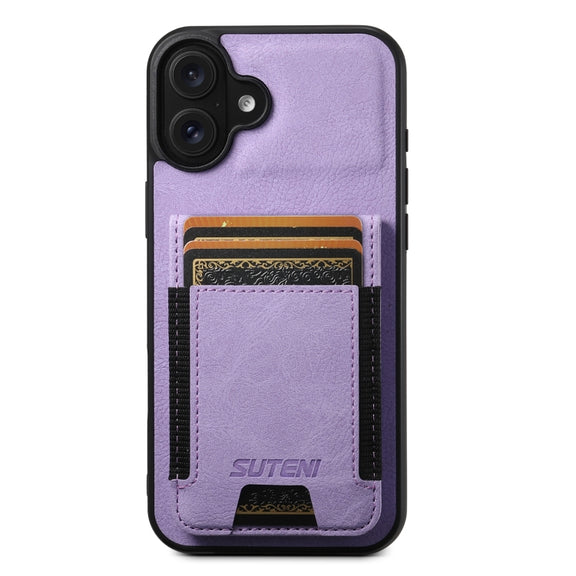 For iPhone 16 Suteni H03 Litchi Leather Card Bag Stand Back Phone Case(Purple)