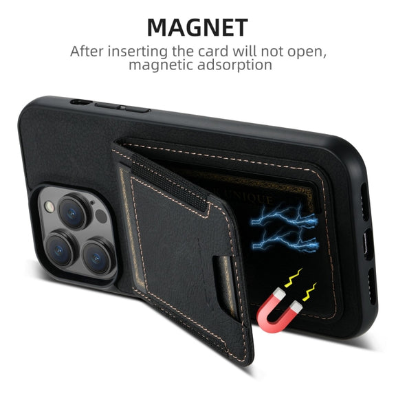 For iPhone 16 Pro Suteni H03 Litchi Leather Card Bag Stand Back Phone Case(Black)