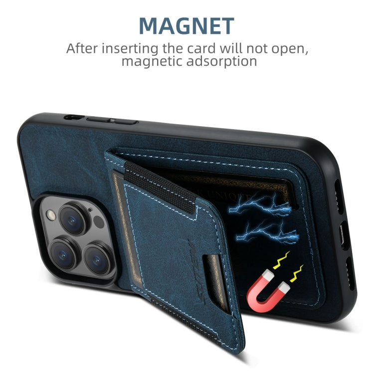 For iPhone 16 Pro Suteni H03 Litchi Leather Card Bag Stand Back Phone Case(Blue)
