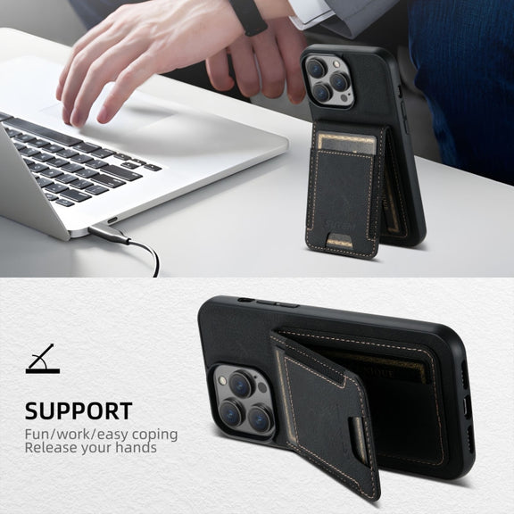 For iPhone 16 Plus Suteni H03 Litchi Leather Card Bag Stand Back Phone Case(Black)