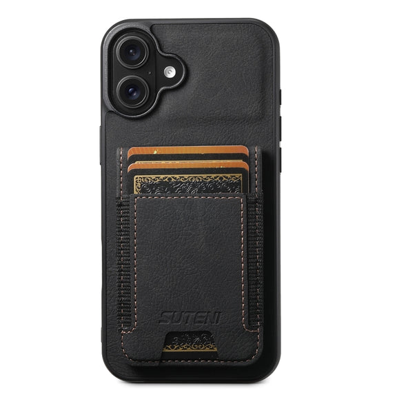 For iPhone 16 Plus Suteni H03 Litchi Leather Card Bag Stand Back Phone Case(Black)