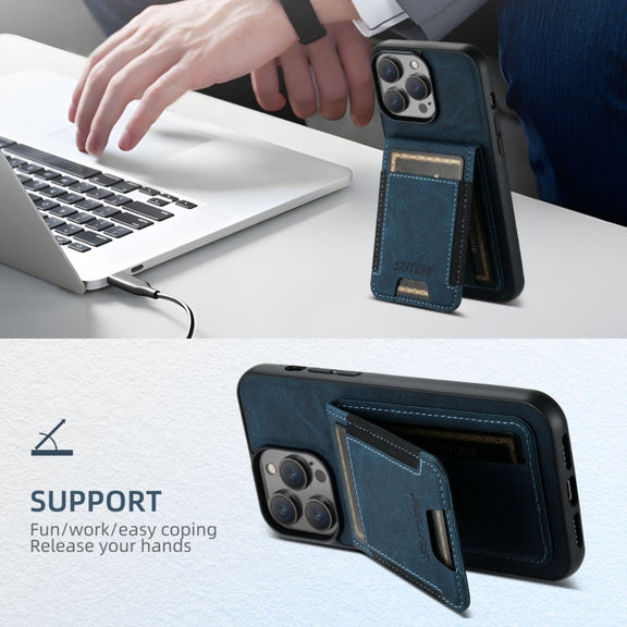 For iPhone 16 Plus Suteni H03 Litchi Leather Card Bag Stand Back Phone Case(Blue)