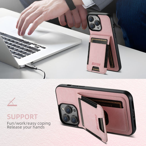 For iPhone 16 Plus Suteni H03 Litchi Leather Card Bag Stand Back Phone Case(Pink)