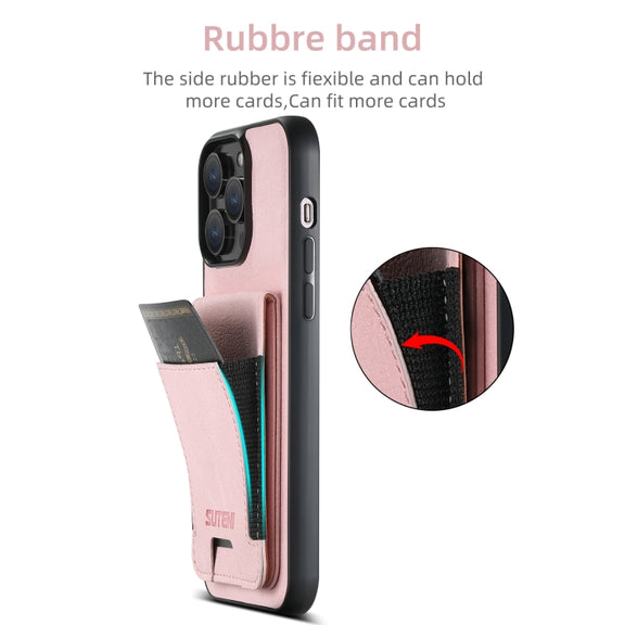 For iPhone 16 Plus Suteni H03 Litchi Leather Card Bag Stand Back Phone Case(Pink)