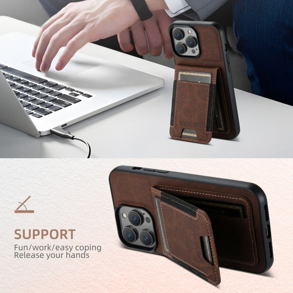 For iPhone 16 Pro Max Suteni H03 Litchi Leather Card Bag Stand Back Phone Case(Brown)