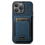 For iPhone 16 Pro Max Suteni H03 Litchi Leather Card Bag Stand Back Phone Case(Blue)