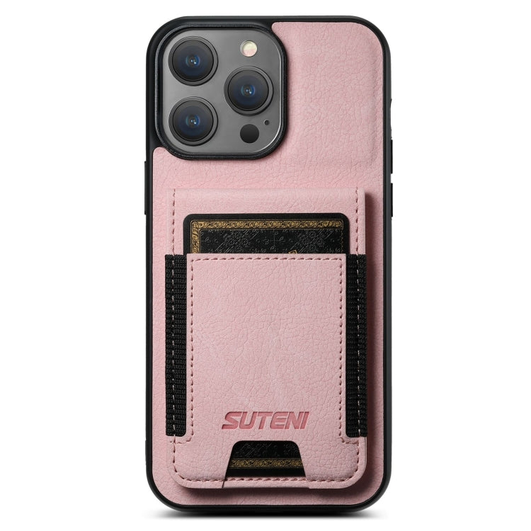 For iPhone 16 Pro Max Suteni H03 Litchi Leather Card Bag Stand Back Phone Case(Pink) - free shipping - PMC Jewellery - Order now!