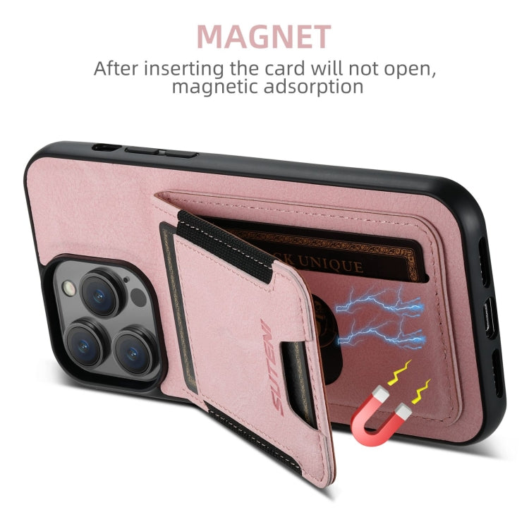 For iPhone 16 Pro Max Suteni H03 Litchi Leather Card Bag Stand Back Phone Case(Pink)