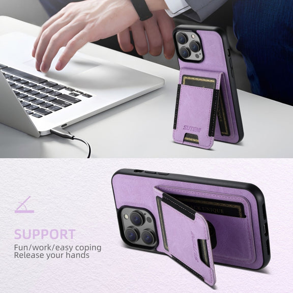 For iPhone 16 Pro Max Suteni H03 Litchi Leather Card Bag Stand Back Phone Case(Purple)