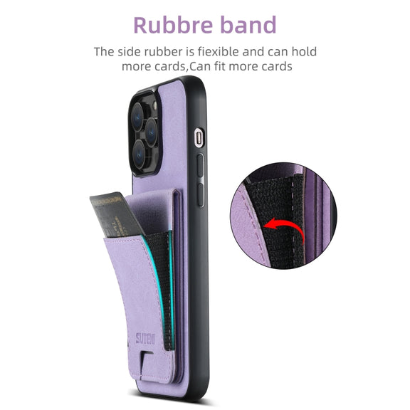 For iPhone 16 Pro Max Suteni H03 Litchi Leather Card Bag Stand Back Phone Case(Purple)